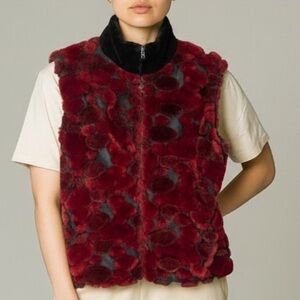 Joseph Ribkoff Trends Vest • Sz 10 M Faux-Fur Patchwork Red Black Funky 90s Edgy